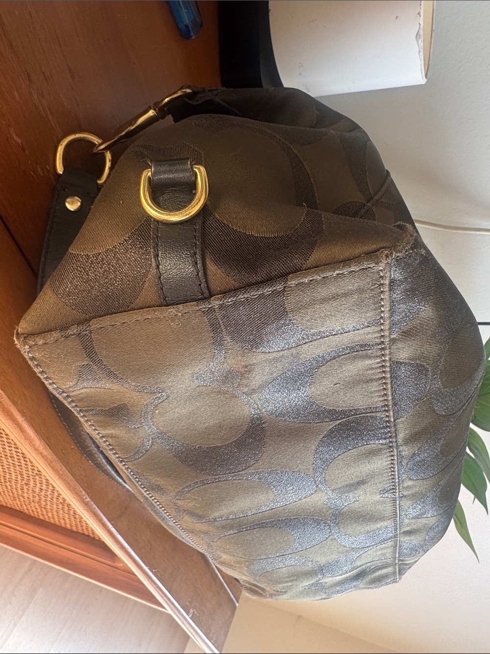 Coach Campbell Signature Metallic Olive Green Canvas Satchel with Leather Trim - Picture 8 of 12